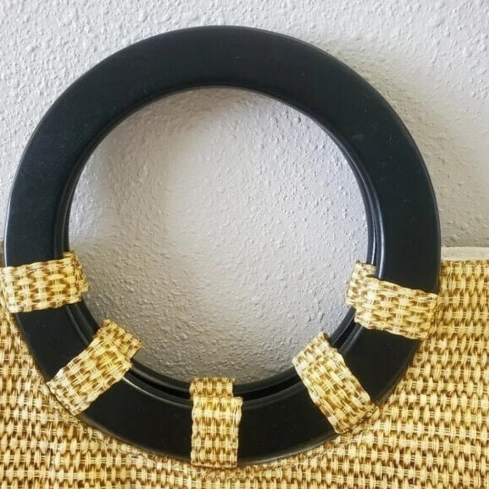 Braciano Woven Straw Beach Bag Double Wood Handles Fabric Lined Snap Closure - Picture 5 of 12